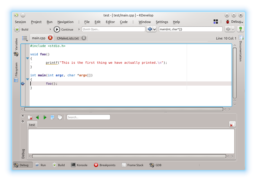 KDevelop's Debug Area